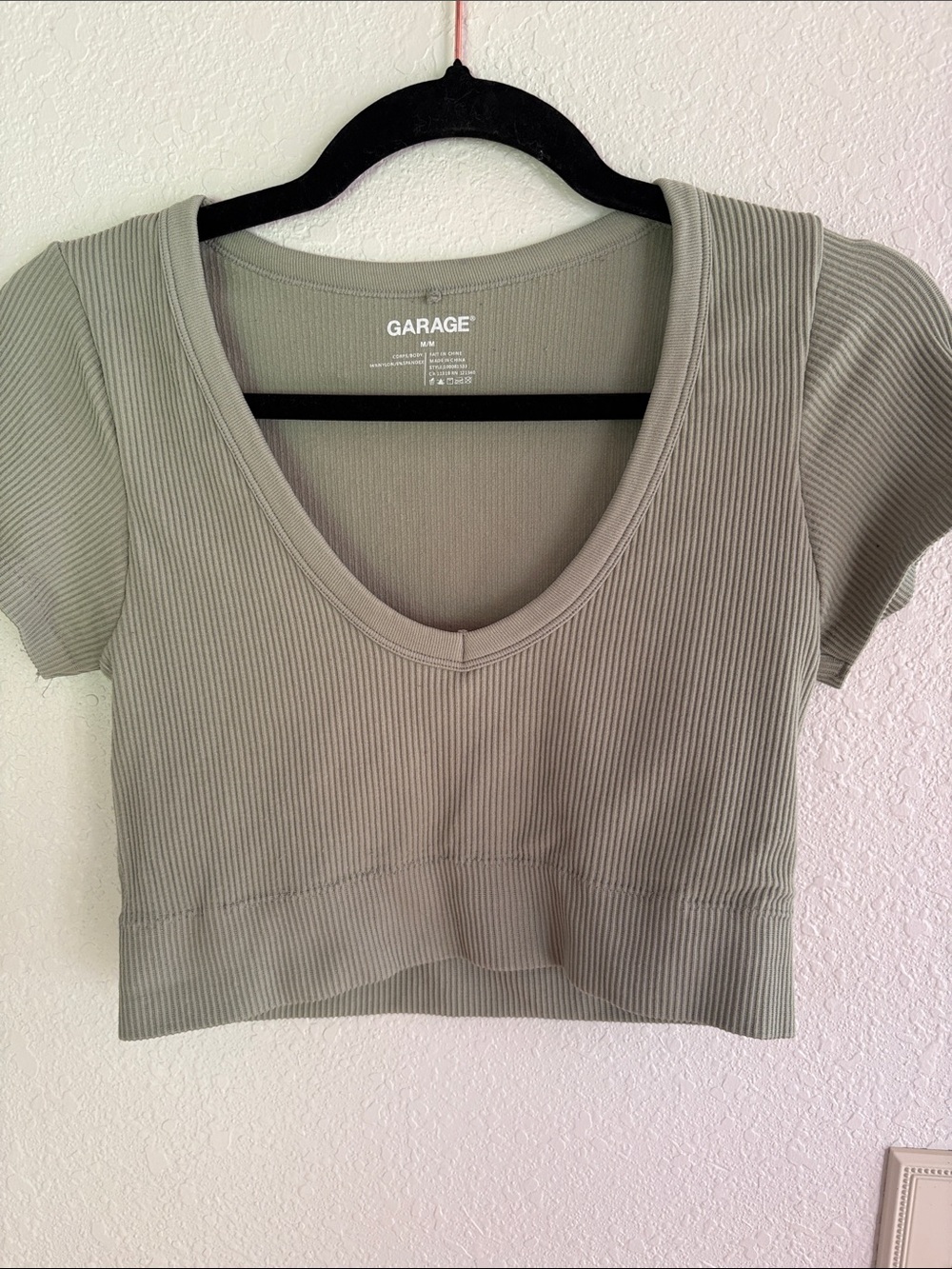 Garage Sage Ribbed V-Neck Short Sleeve Crop Top